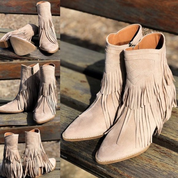NEW Fringe Tassel Faux Suede Pointy Toe Block Heel Western Booties Boots Taupe - Picture 7 of 13